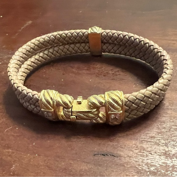 Judith Ripka Tan Double Rope Leather Bracelet 925 Gold Over Clasp EUC 8" #523 - Picture 6 of 8